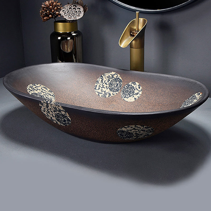 Traditional Vessel Bathroom Sink Oval Porcelain with Overflow and Drain Assembly Vessel