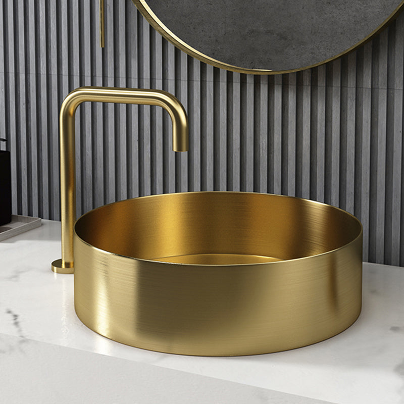 Modern Vessel Bathroom Sink Metal Round with Pop-Up Drain Wash Stand