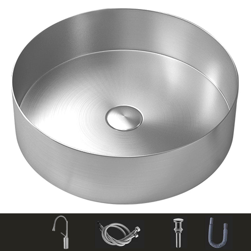 Modern Vessel Bathroom Sink Metal Round with Pop-Up Drain Wash Stand