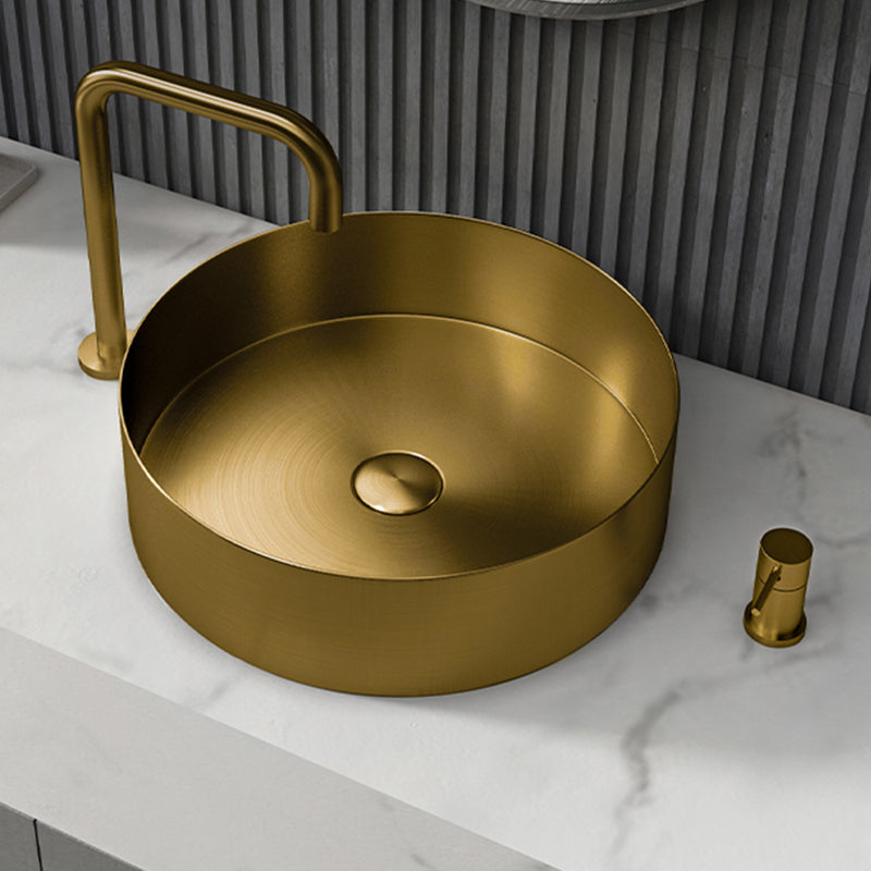 Modern Vessel Bathroom Sink Metal Round with Pop-Up Drain Wash Stand