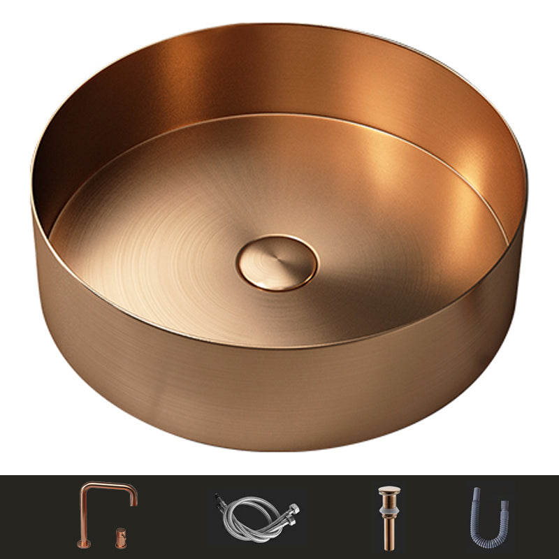 Modern Vessel Bathroom Sink Metal Round with Pop-Up Drain Wash Stand