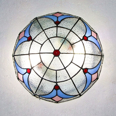 Vintage Bowl Flush Light with Magnolia Pattern Stained Glass Flush Ceiling Light in White/Clear for Bedroom