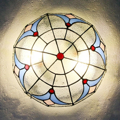 Vintage Bowl Flush Light with Magnolia Pattern Stained Glass Flush Ceiling Light in White/Clear for Bedroom