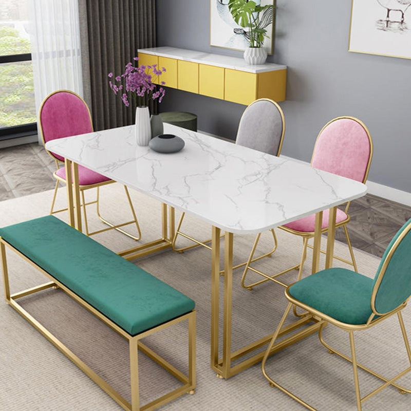 Rectangle Double Pedestal Dining Table Glam Faux Marble Table for Dining Room