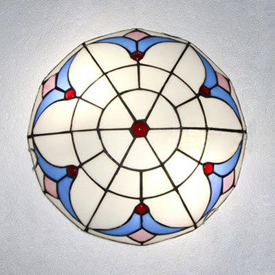 Vintage Bowl Flush Light with Magnolia Pattern Stained Glass Flush Ceiling Light in White/Clear for Bedroom