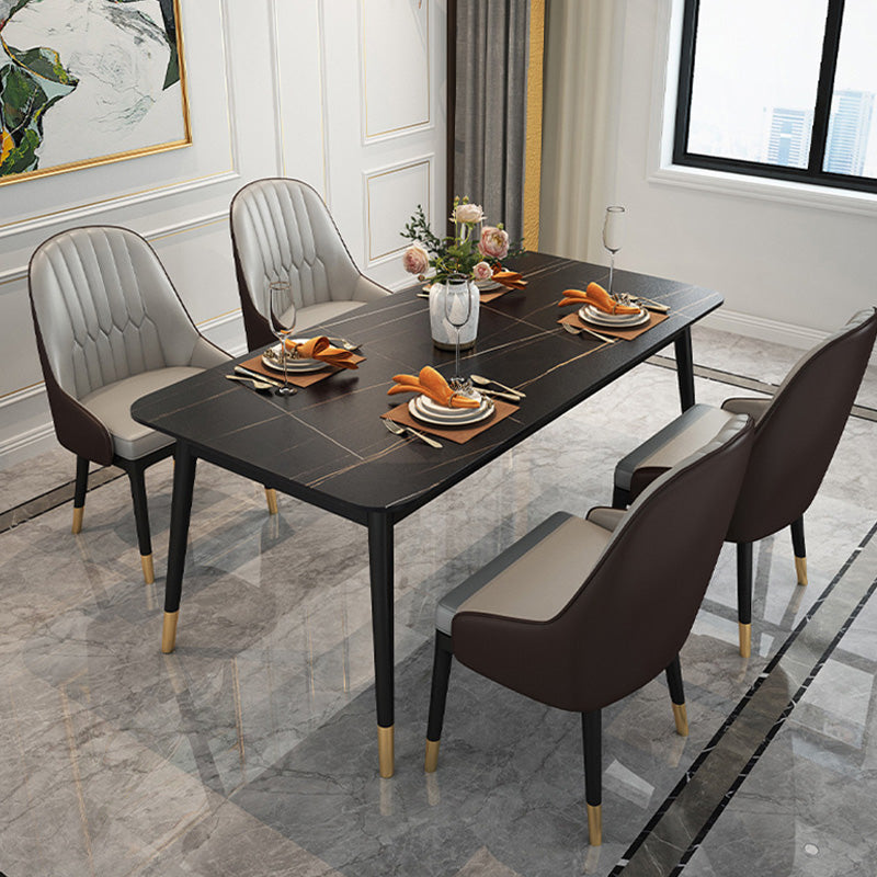 Rectangle Black Base Dining Table Glam Stone Table for Kitchen