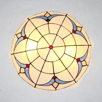 Vintage Bowl Flush Light with Magnolia Pattern Stained Glass Flush Ceiling Light in White/Clear for Bedroom