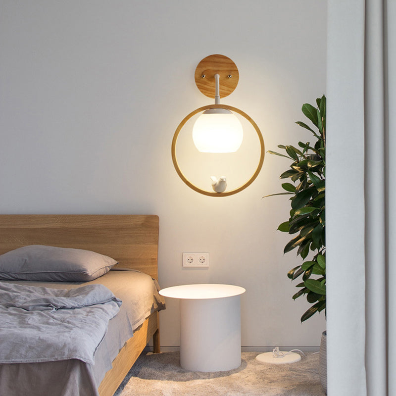 White Globe Shaded Wall Light Contemporary Wood Lighting for Foyer