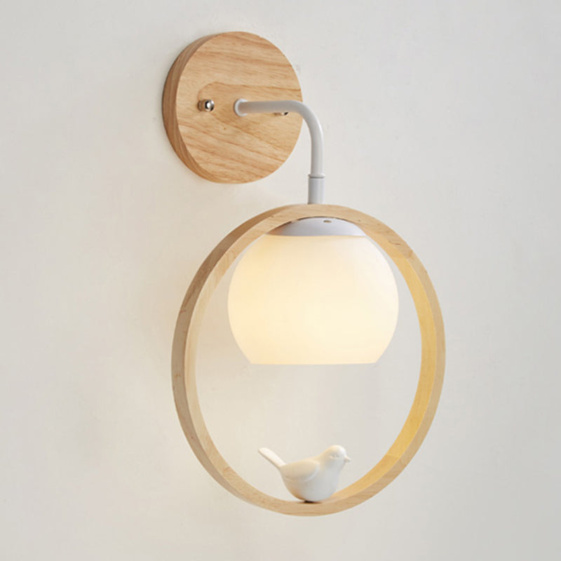 White Globe Shaded Wall Light Contemporary Wood Lighting for Foyer