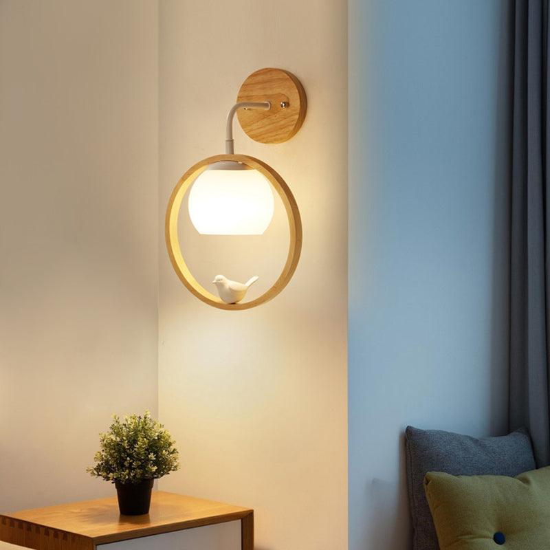 White Globe Shaded Wall Light Contemporary Wood Lighting for Foyer