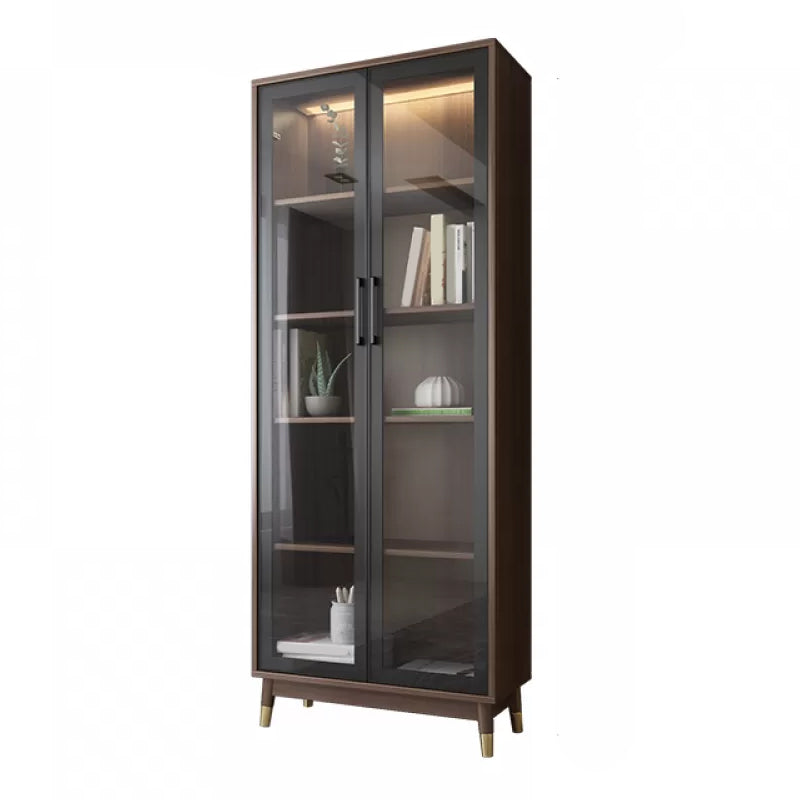 Modern Faux Wood Display Stand Glass Doors Display Cabinet for Living Room