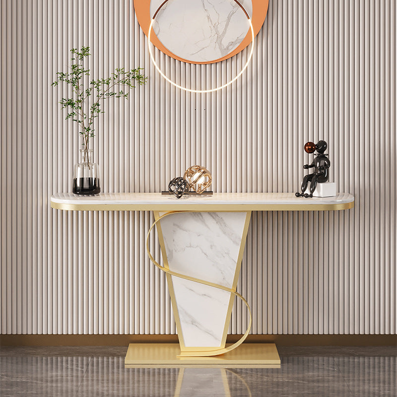 Glam Stone Console Sofa Table Half Moon Metal End Table for Hall