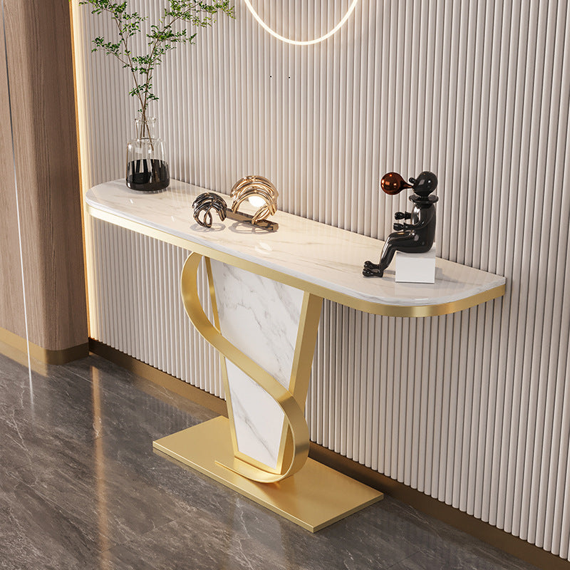 Glam Stone Console Sofa Table Half Moon Metal End Table for Hall