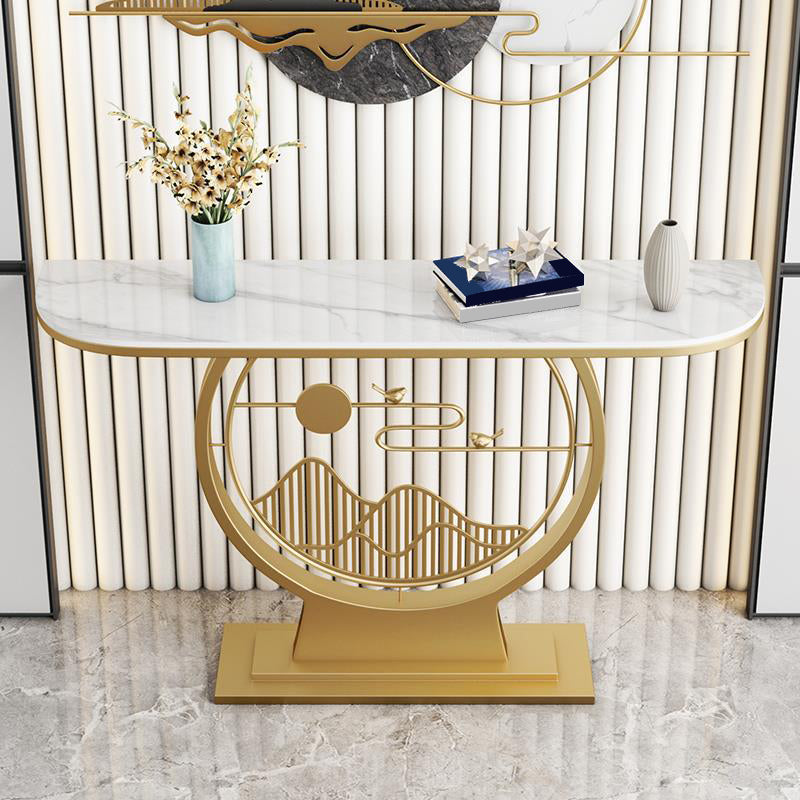 Glam Stone Console Sofa Table Half Moon Iron Accent Table for Hall