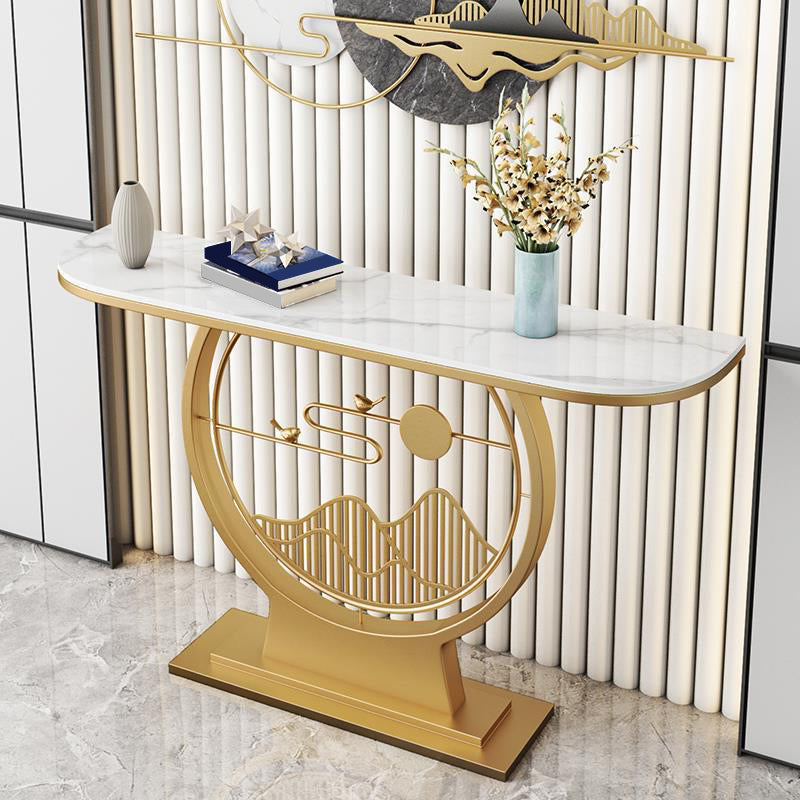 Glam Stone Console Sofa Table Half Moon Iron Accent Table for Hall