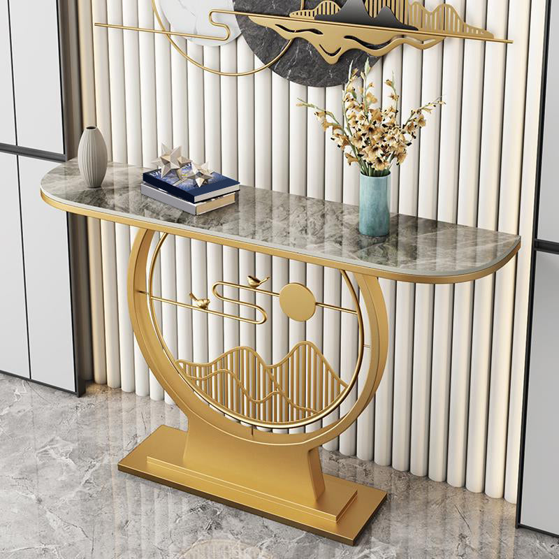 Glam Stone Console Sofa Table Half Moon Iron Accent Table for Hall