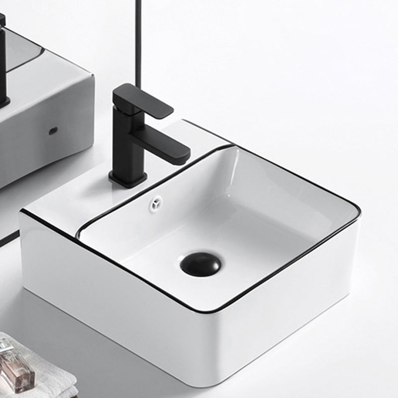 Modern Vessel Bathroom Sink Rectangular Porcelain Drain Assembly and Faucet Wash Stand