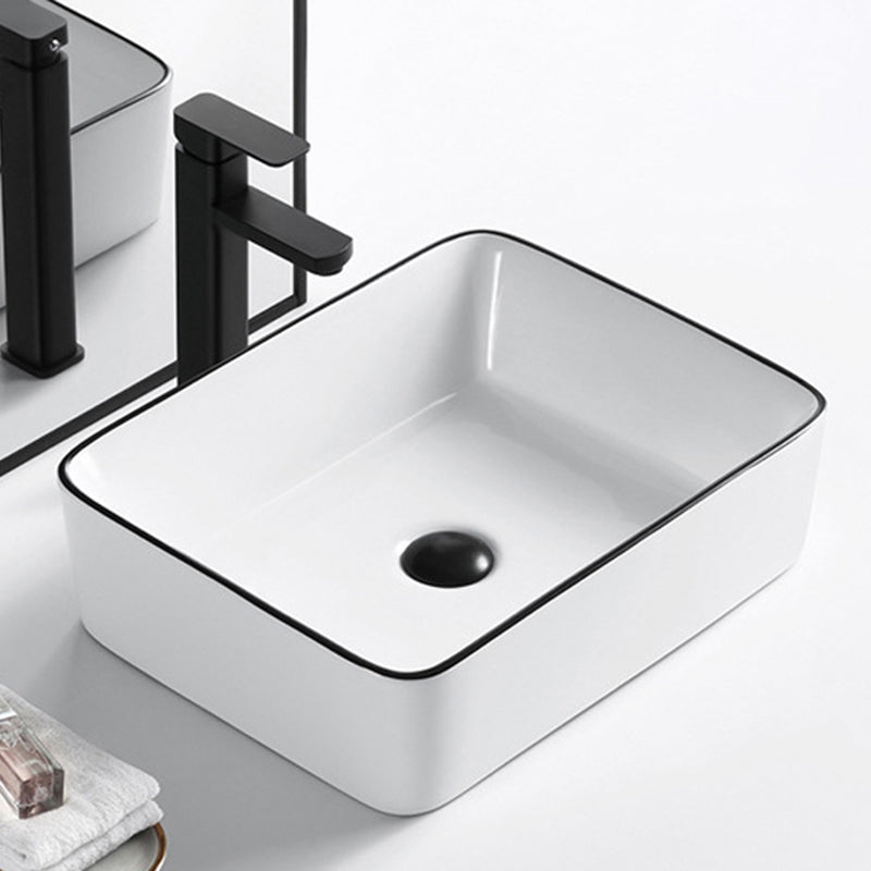 Modern Vessel Bathroom Sink Rectangular Porcelain Drain Assembly and Faucet Wash Stand