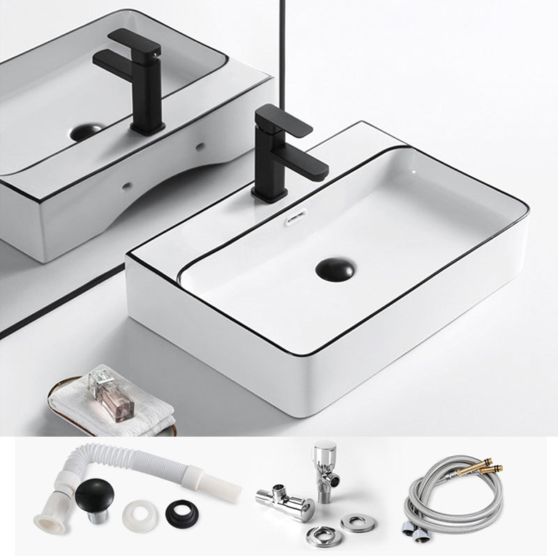 Modern Vessel Bathroom Sink Rectangular Porcelain Drain Assembly and Faucet Wash Stand