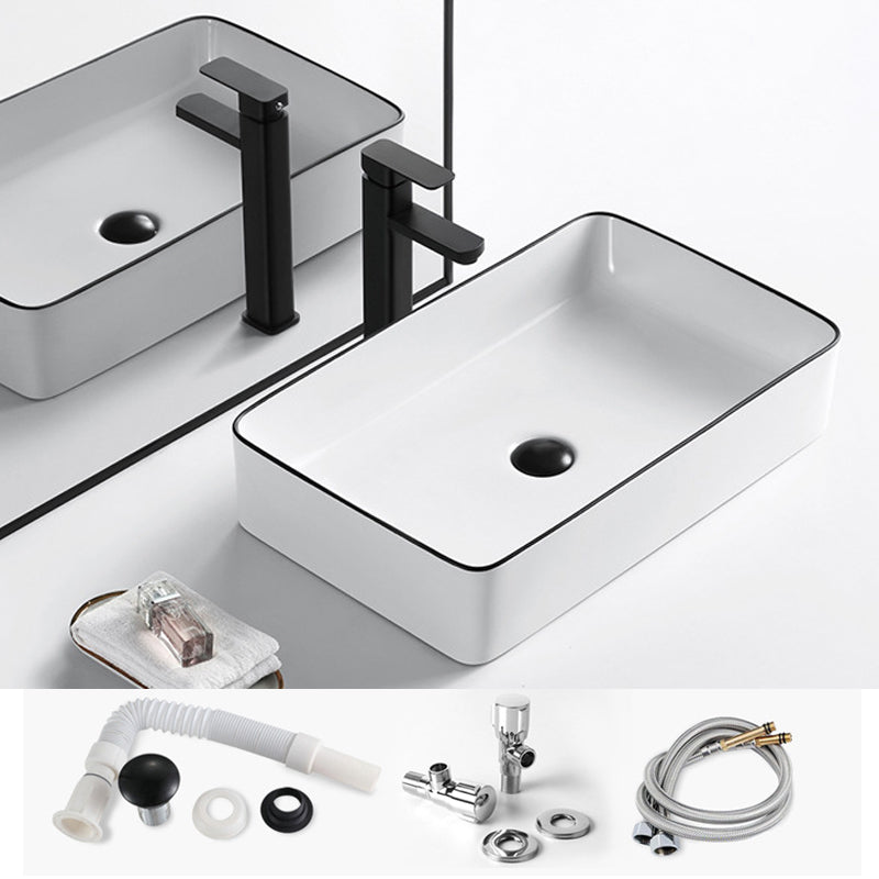 Modern Vessel Bathroom Sink Rectangular Porcelain Drain Assembly and Faucet Wash Stand