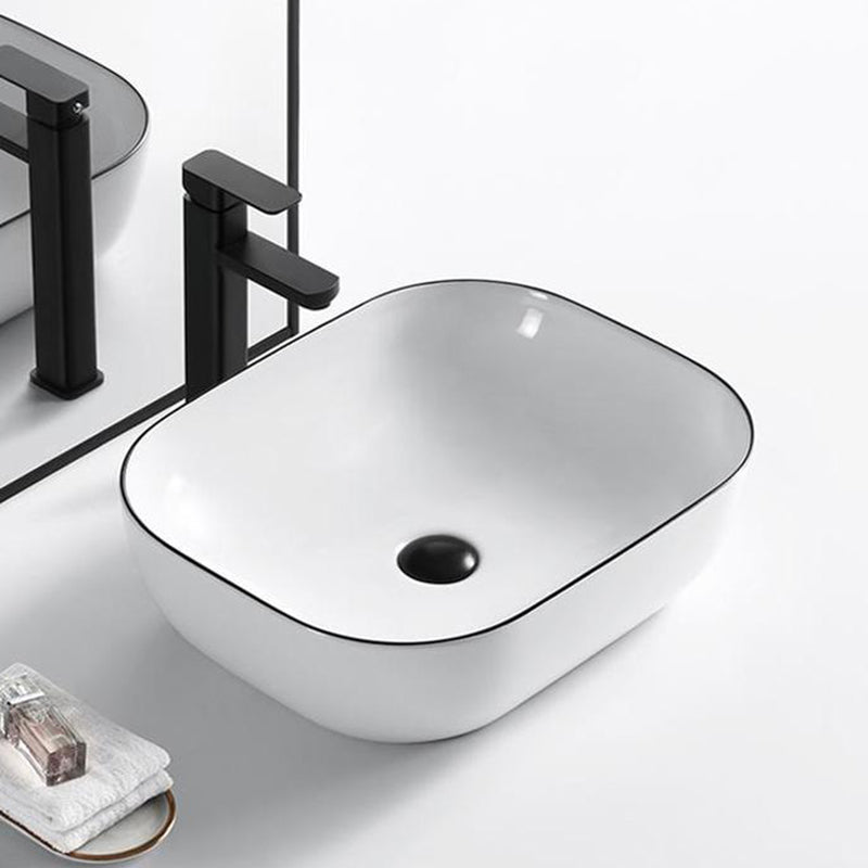 Modern Vessel Bathroom Sink Rectangular Porcelain Drain Assembly and Faucet Wash Stand