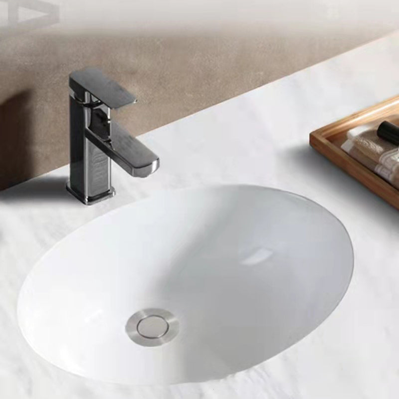 Modern Undermount Bathroom Sink Oval Shape Porcelain with Pop-Up Drain Basin Sink
