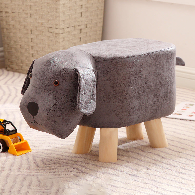 Contemporary Ottoman Faux Leather Solid Wood Frame Upholstered Dog Shape Ottoman