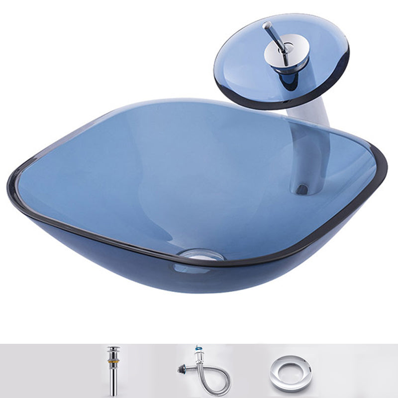 Modern Vessel Sink Oval Glass with Pop-Up Drain and Faucet Vessel Lavatory Sink