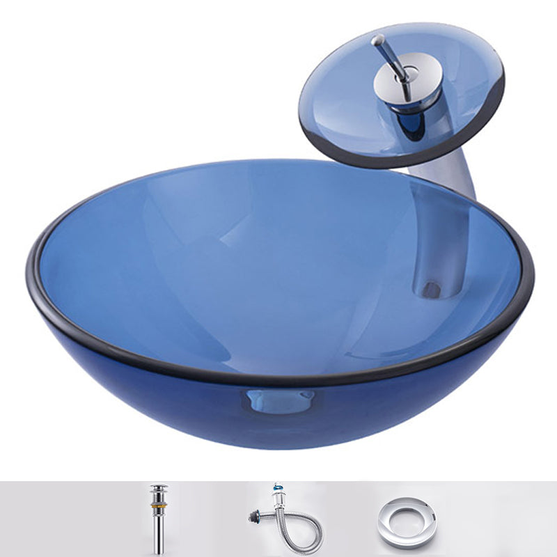 Modern Vessel Sink Oval Glass with Pop-Up Drain and Faucet Vessel Lavatory Sink