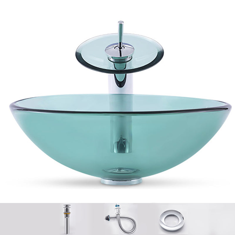 Modern Vessel Sink Oval Glass with Pop-Up Drain and Faucet Vessel Lavatory Sink