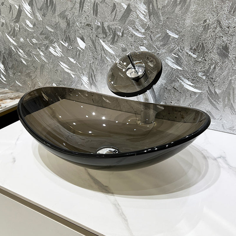 Modern Vessel Sink Oval Glass with Pop-Up Drain and Faucet Vessel Lavatory Sink