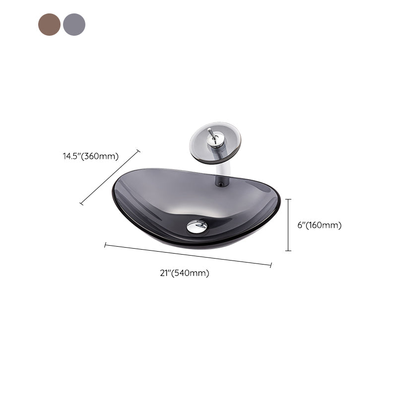 Modern Vessel Sink Oval Glass with Pop-Up Drain and Faucet Vessel Lavatory Sink