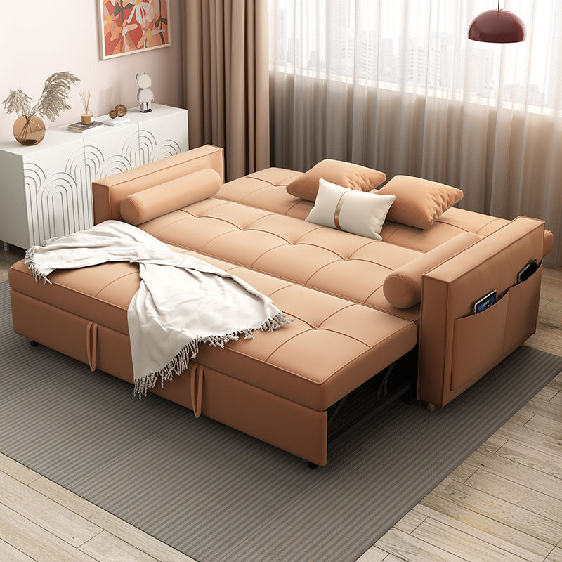 Faux Leather Convertible Sofa Bed with Pillows in Orange for Apartment