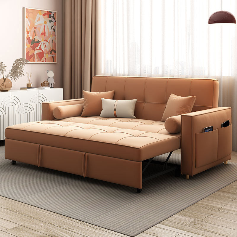 Faux Leather Convertible Sofa Bed with Pillows in Orange for Apartment