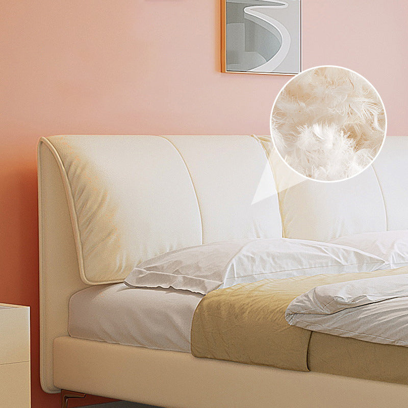 Glam Cream Bed Frame Genuine Leather Upholstered Standard Bed with Storage