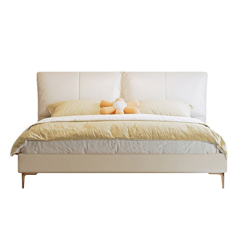 Glam Cream Bed Frame Genuine Leather Upholstered Standard Bed with Storage