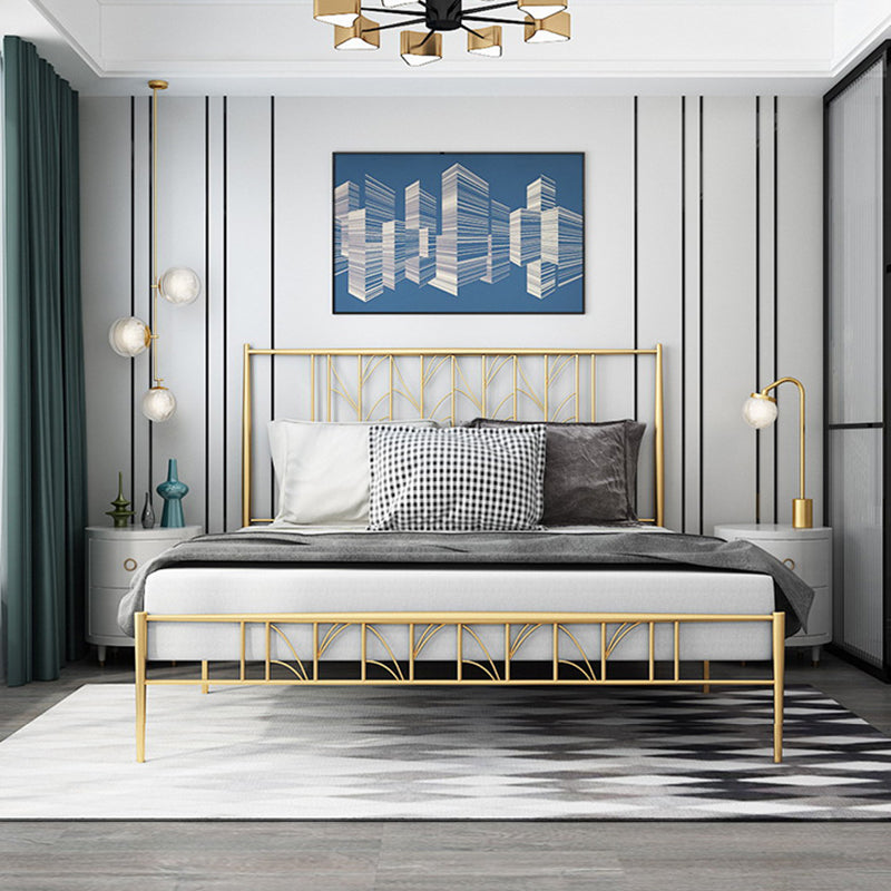 Black/Golden Open-Frame Bed with Rectangle Headboard in Iron