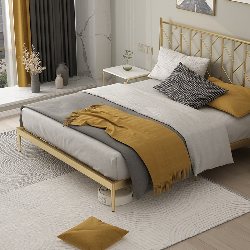 Glam Style Golden Open-Frame Bed with Rectangle Headboard in Iron
