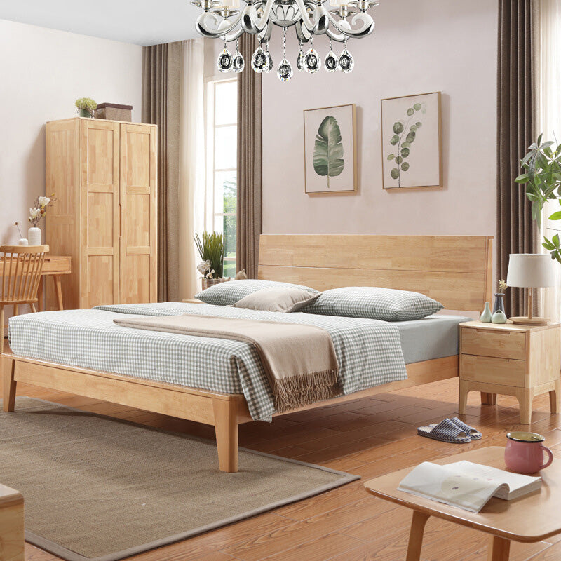 Scandinavian Rubberwood Queen & King Panel Bed Low Bed Frame with Headboard