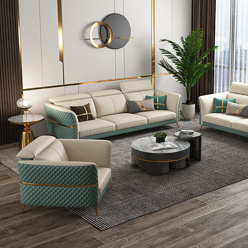 Glam Sectional Sofa White Pillowed Back Leather Cushions Sectional