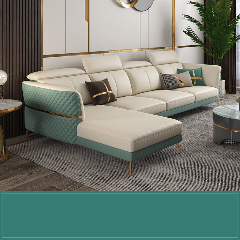 Glam Sectional Sofa White Pillowed Back Leather Cushions Sectional