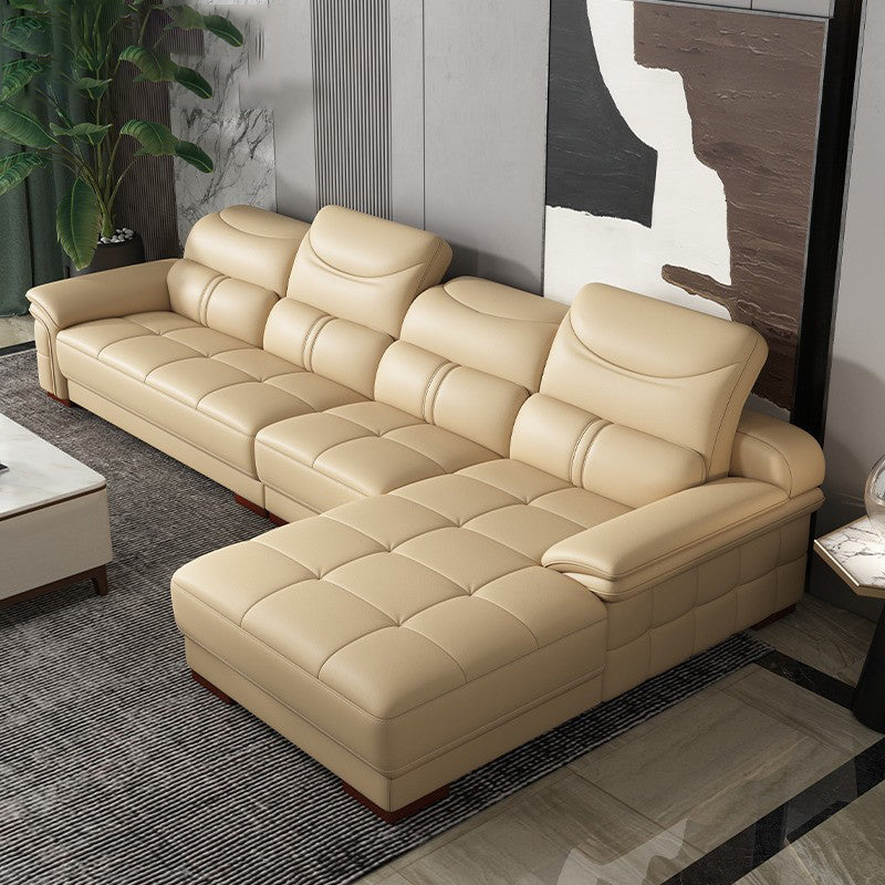 38"H Contemporary Sectional Sofa Beige Leather Tufted Sectional