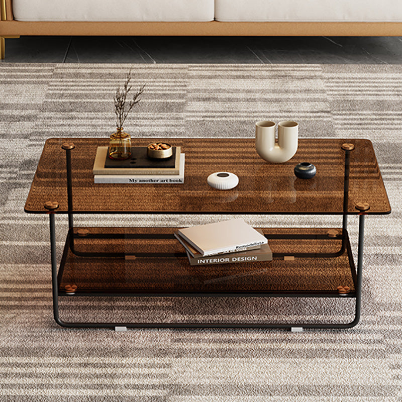 17.7"H Rectangle Glass Coffee Table Metal Sled Base Cocktail Table with Shelf