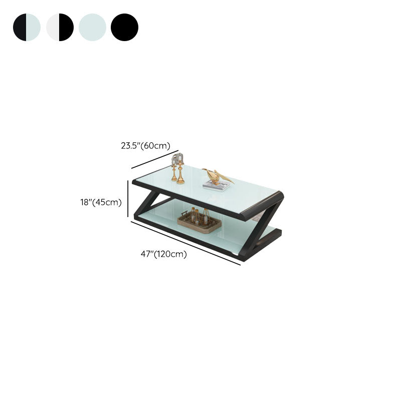 17.7"H Rectangle Glass Coffee Table Steel Abstract Base Cocktail Table with Shelf