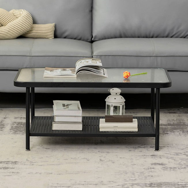 4 Legs Cocktail Table Glass Rectangular Coffee Table with Shelf