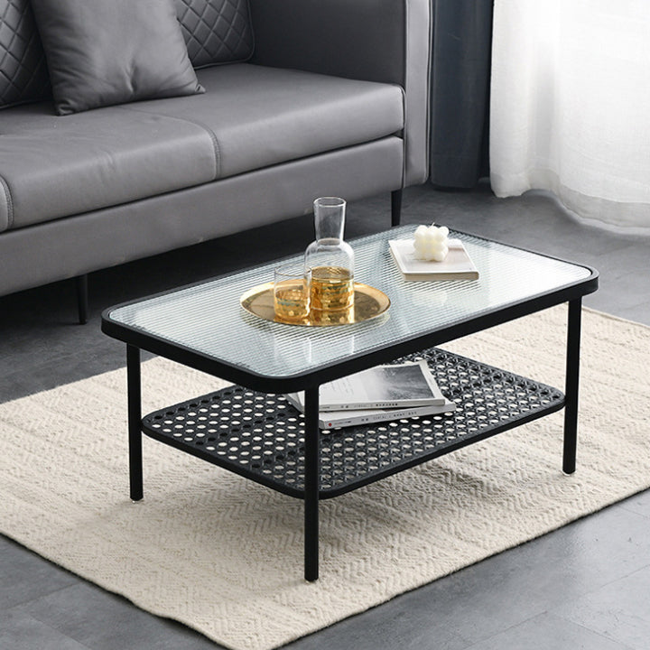 4 Legs Cocktail Table Glass Rectangular Coffee Table with Shelf