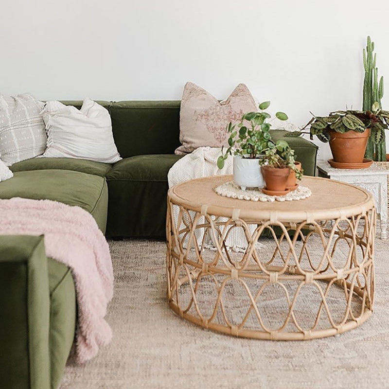 Contemporary 17.7"/19.6" Round Coffee Table Rattan Drum Cocktail Table