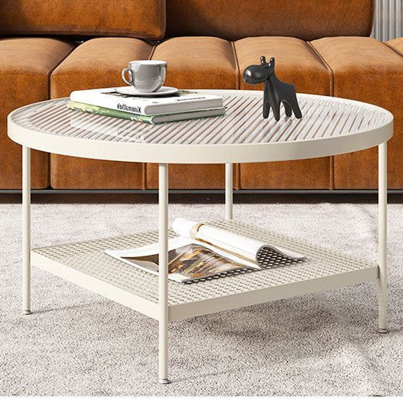 Round Glass Cocktail Table Iron 4 Legs Coffee Table with Shelf