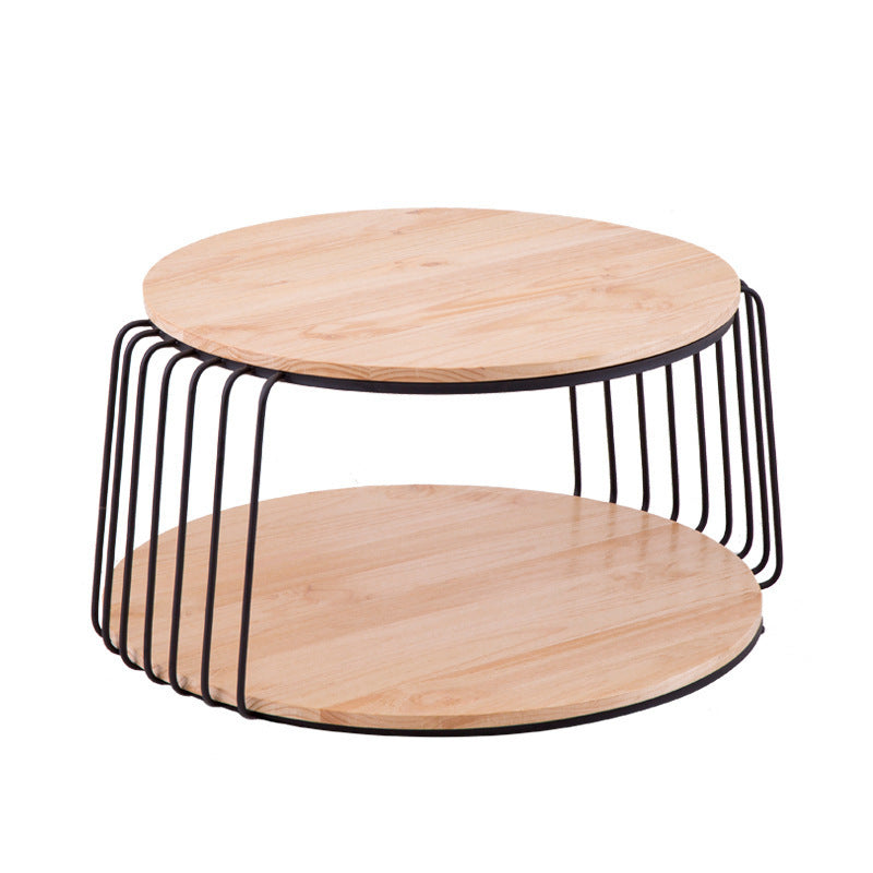Nordic Solid Wood Round Coffee Cocktail Table with Floor Shelf