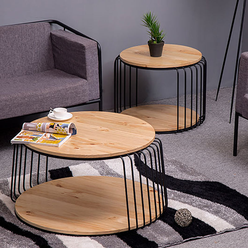 Nordic Solid Wood Round Coffee Cocktail Table with Floor Shelf